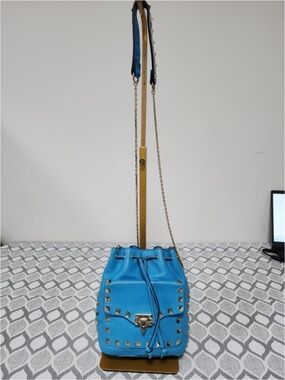 Authentic VALENTINO Leather Rockstud Mini Drawstring Bucket Bag Blue